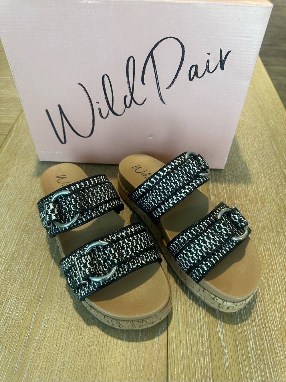 Wild Pair Black & White Woven Dual-Buckle Platform Slides cork wedge